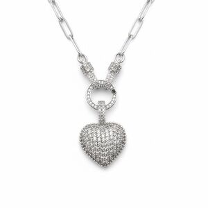 SILVER HEART CZ PENDANT PAPER CLIP NECKLACE